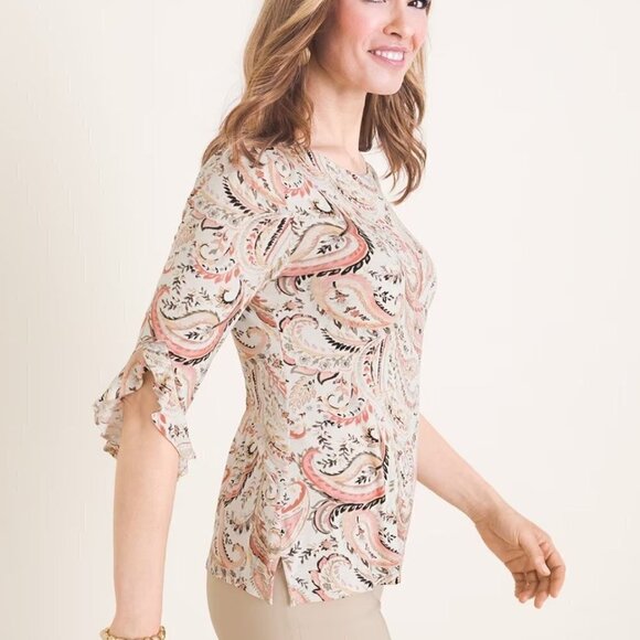 Chico's Printed Ruffle Elbow-Sleeve Top - sz Large (2) - Picture 1 of 6